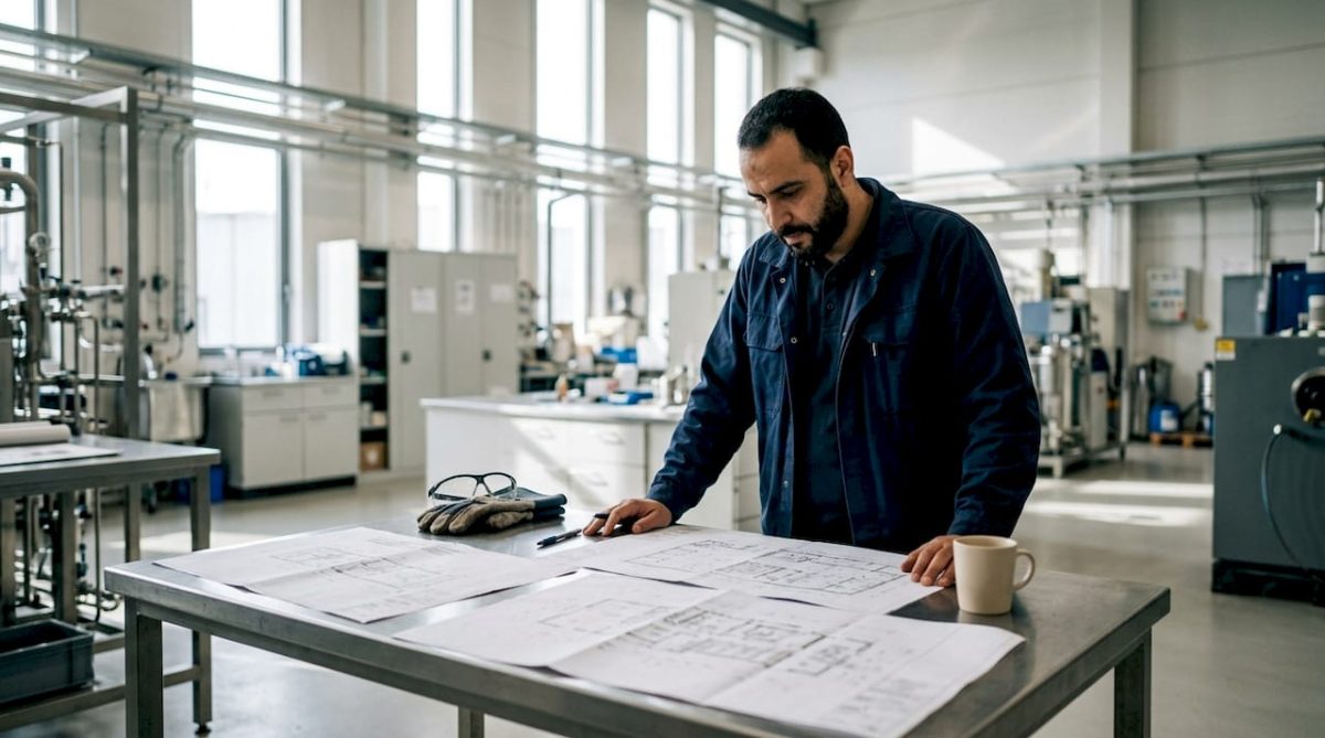 Un ingénieur en train d’analyser les plans d’un système de protection contre la foudre.