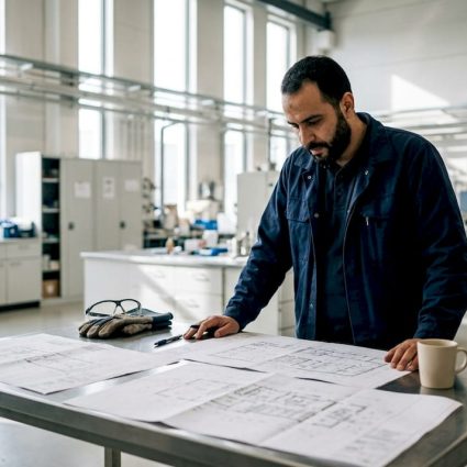 Un ingénieur en train d’analyser les plans d’un système de protection contre la foudre.