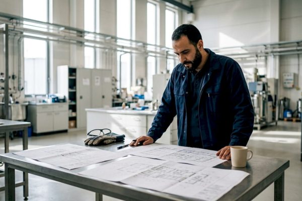 Un ingénieur en train d’analyser les plans d’un système de protection contre la foudre.