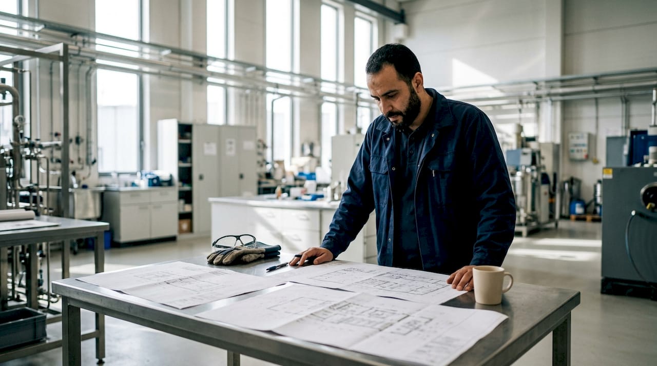 Un ingénieur en train d’analyser les plans d’un système de protection contre la foudre.