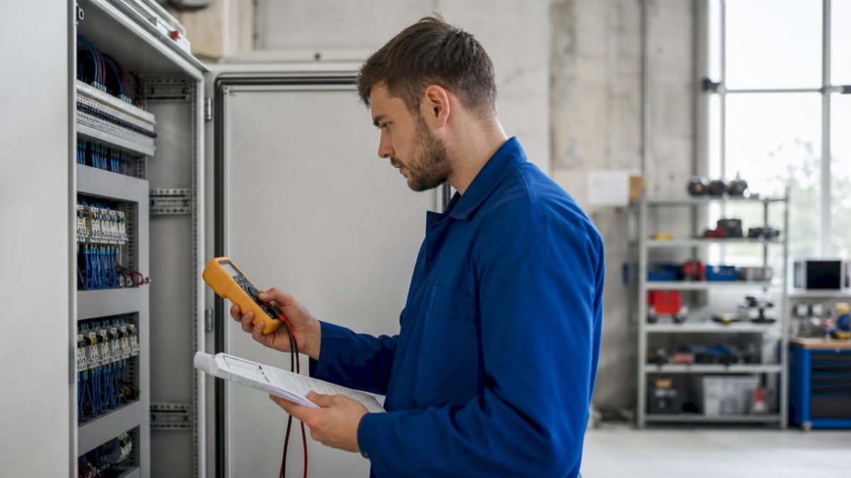 Un technicien procède à la vérification d’un tableau électrique au sein de l’usine.