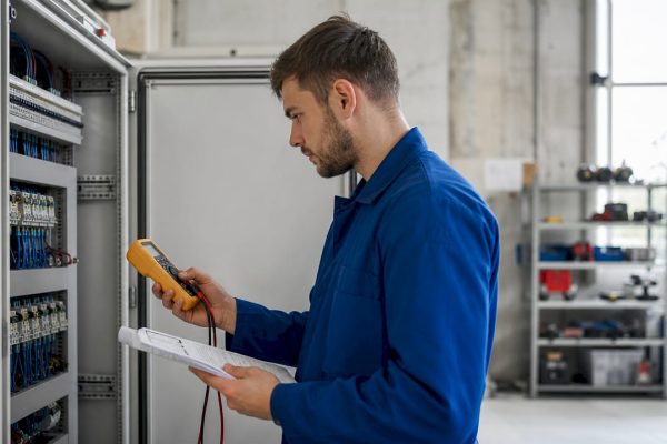 Un technicien procède à la vérification d’un tableau électrique au sein de l’usine.
