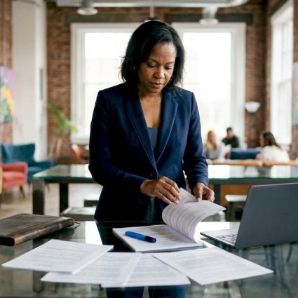 Business owner reviewing asset protection documents in office