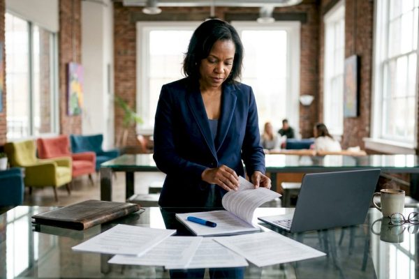 Business owner reviewing asset protection documents in office