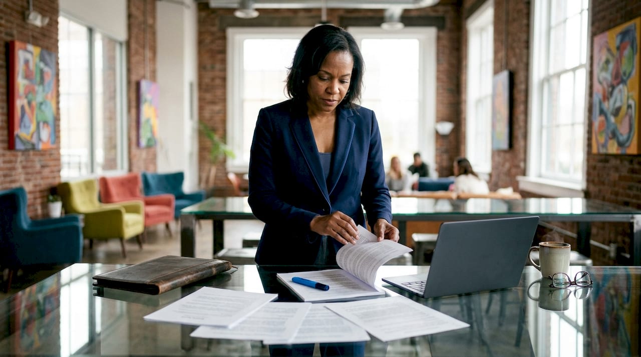 Business owner reviewing asset protection documents in office