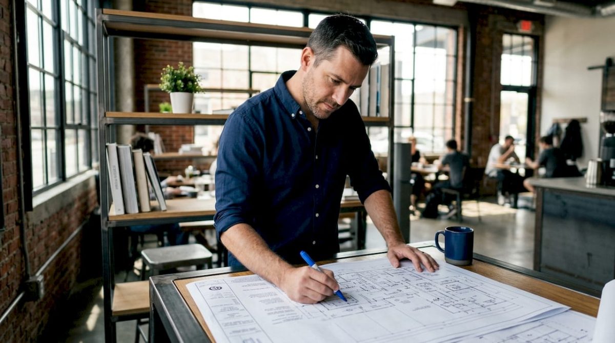 Engineer reviewing lightning protection schematic