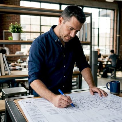 Engineer reviewing lightning protection schematic