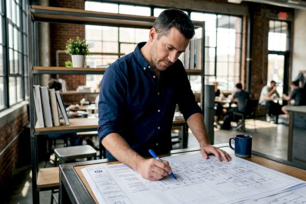 Engineer reviewing lightning protection schematic