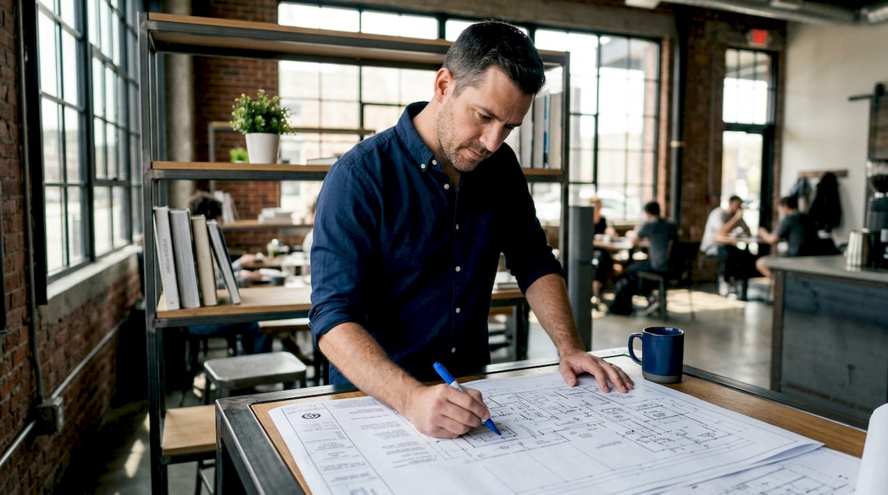 Engineer reviewing lightning protection schematic