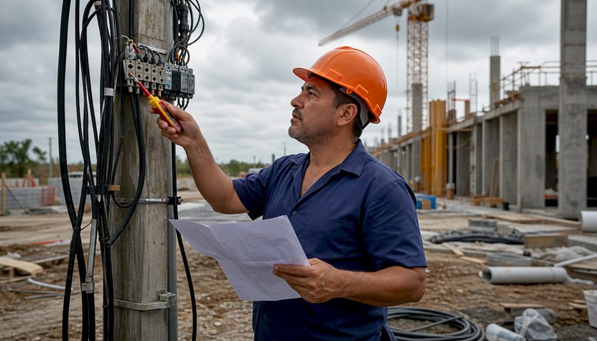 Un électricien contrôle l’installation électrique sur un chantier de construction.