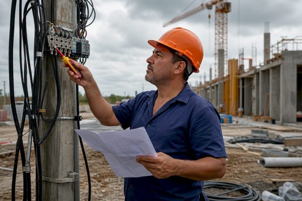 Un électricien contrôle l’installation électrique sur un chantier de construction.