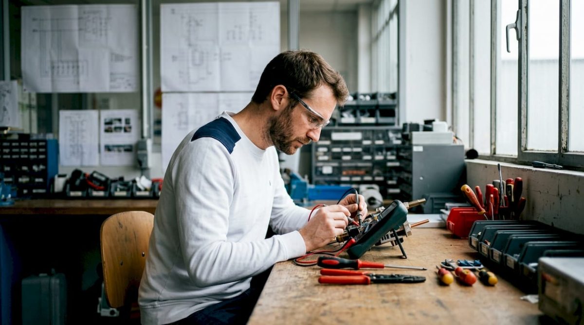 Un ingénieur procède à des essais sur un dispositif de protection contre la foudre dans son atelier.