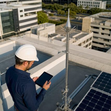 Un technicien effectue une inspection du paratonnerre installé sur le toit d’un bâtiment industriel.