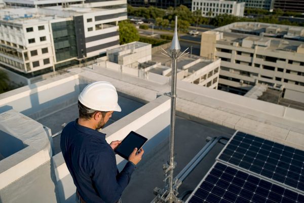 Un technicien effectue une inspection du paratonnerre installé sur le toit d’un bâtiment industriel.