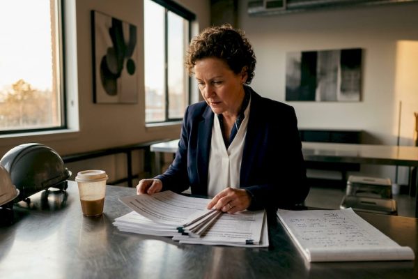 Facility manager reviewing security upgrades documents