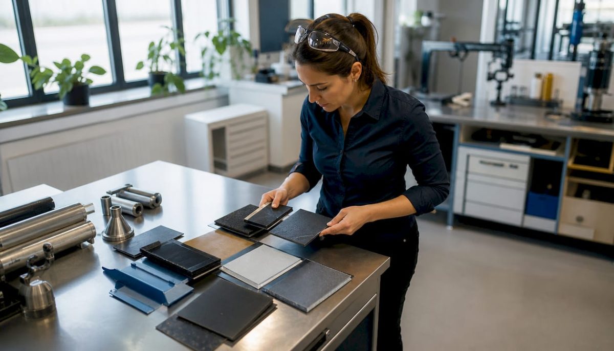 Engineer examining sustainable material samples at table