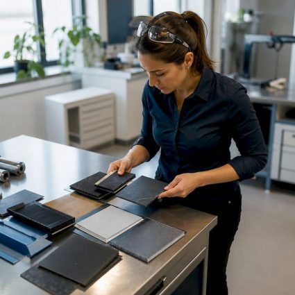 Engineer examining sustainable material samples at table
