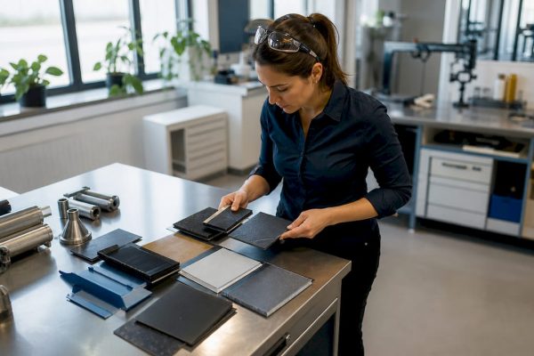 Engineer examining sustainable material samples at table