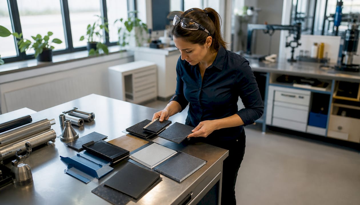 Engineer examining sustainable material samples at table