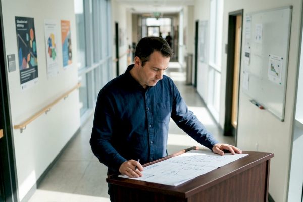Un ingénieur en train d’analyser les plans de protection contre la foudre.