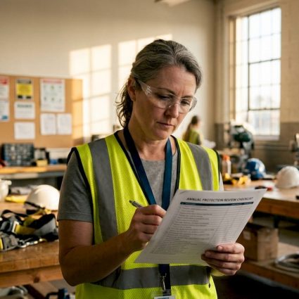 Safety inspector reviewing facility checklist
