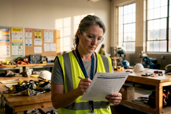 Safety inspector reviewing facility checklist