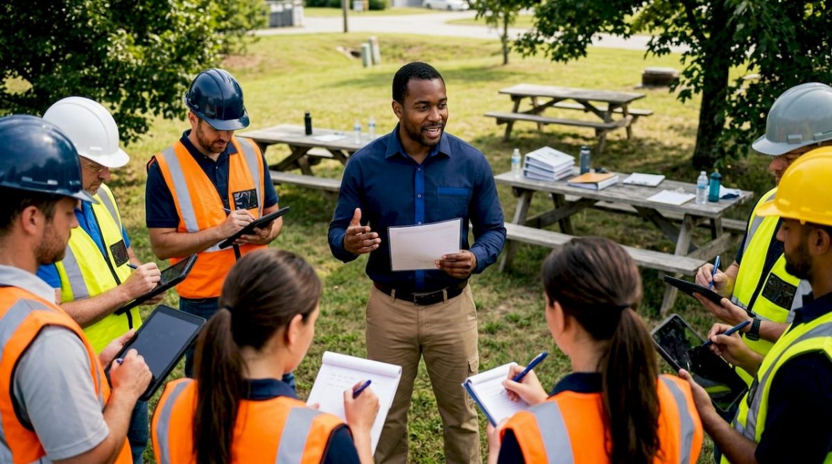 Safety instructor training industrial workers on lightning precautions