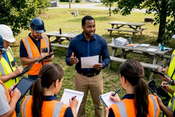 Safety instructor training industrial workers on lightning precautions