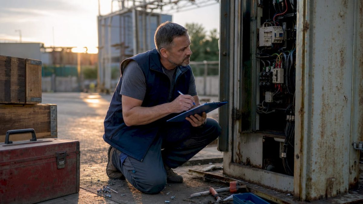 Facility manager inspecting electrical protection system