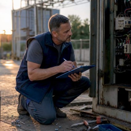 Facility manager inspecting electrical protection system