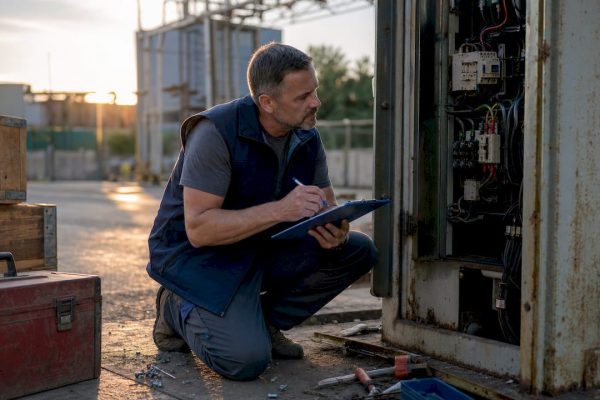 Facility manager inspecting electrical protection system