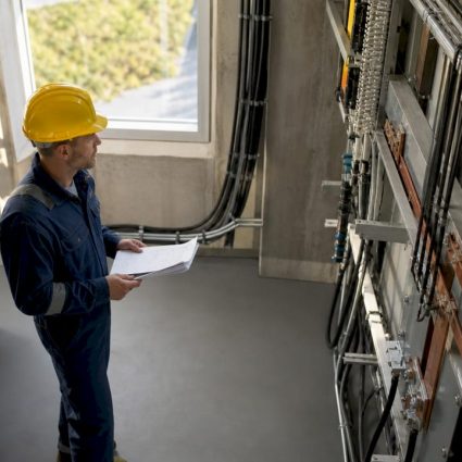 Un inspecteur électrique examine des documents au cœur d’un atelier industriel.