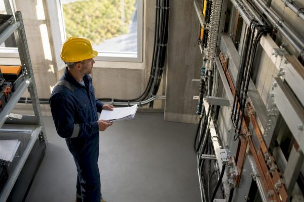 Un inspecteur électrique examine des documents au cœur d’un atelier industriel.