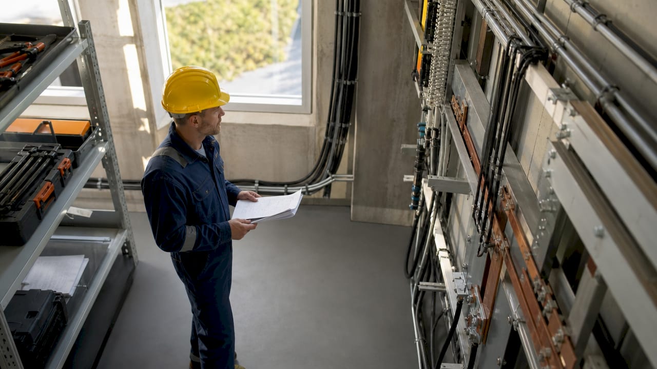 Un inspecteur électrique examine des documents au cœur d’un atelier industriel.