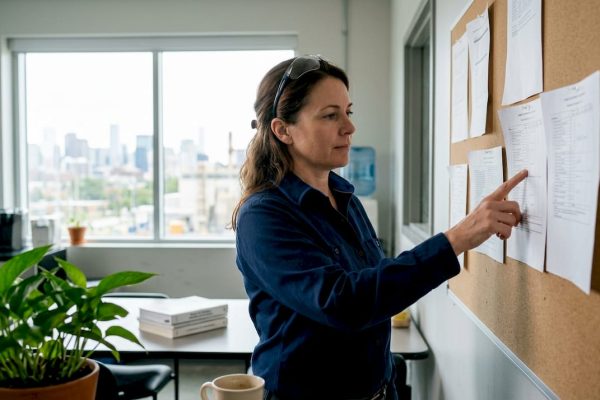 Engineer reviewing protection system verification test sheets