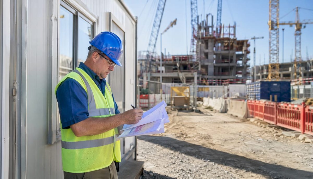 Site manager reviewing protection plans outdoors