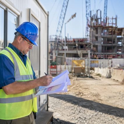 Site manager reviewing protection plans outdoors