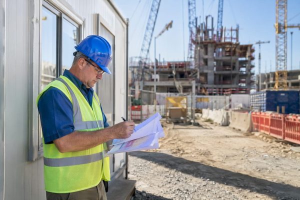Site manager reviewing protection plans outdoors