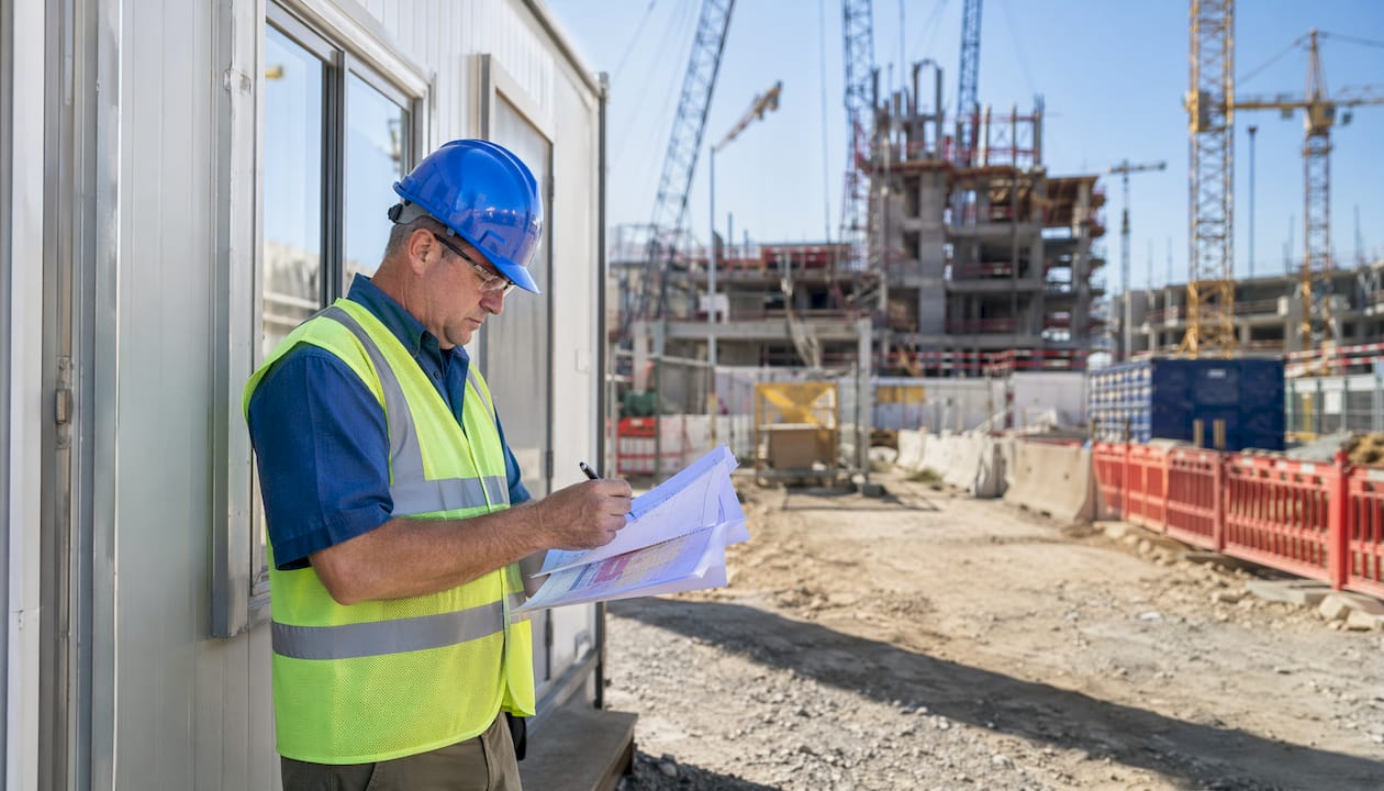 Site manager reviewing protection plans outdoors