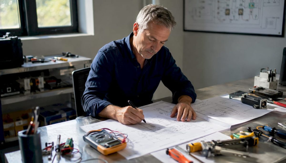 Un ingénieur en électricité en pleine analyse de plans techniques à son bureau.