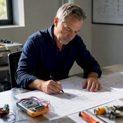 Un ingénieur en électricité en pleine analyse de plans techniques à son bureau.