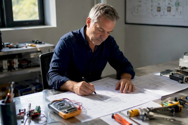 Un ingénieur en électricité en pleine analyse de plans techniques à son bureau.