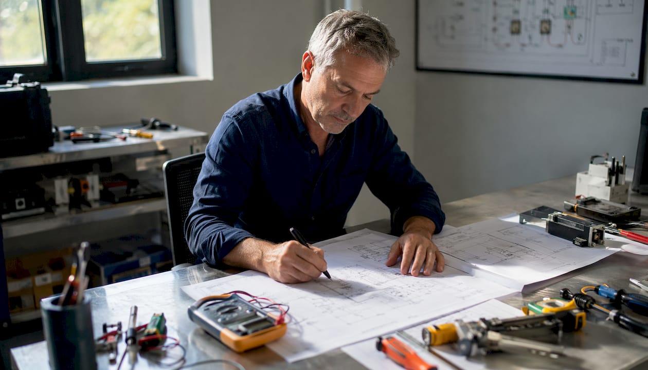 Un ingénieur en électricité en pleine analyse de plans techniques à son bureau.