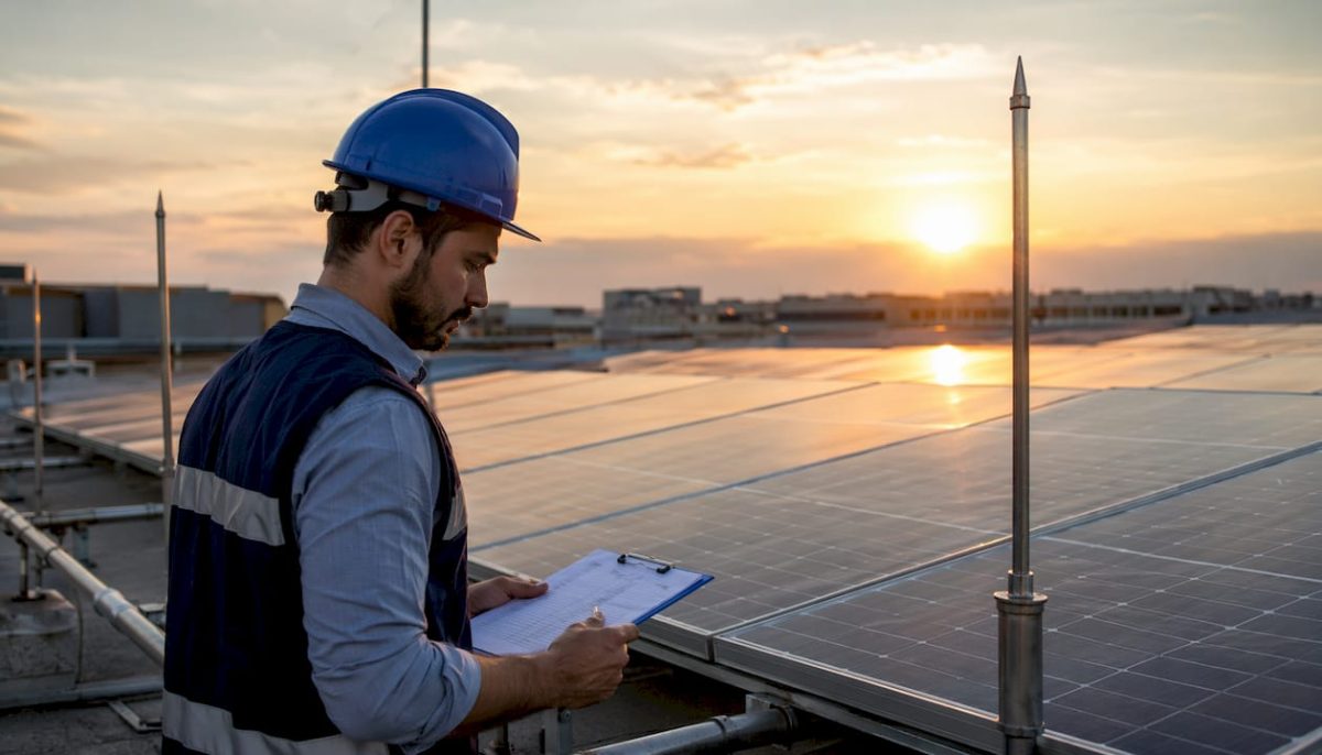 Engineer inspecting photovoltaic panels on rooftop