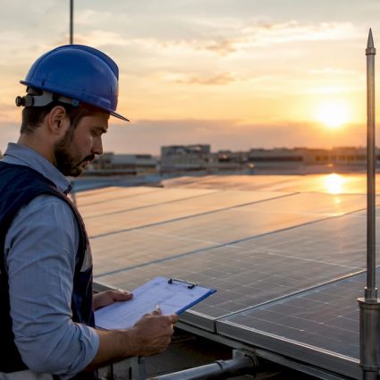 Engineer inspecting photovoltaic panels on rooftop