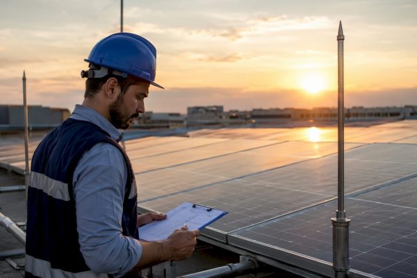 Engineer inspecting photovoltaic panels on rooftop