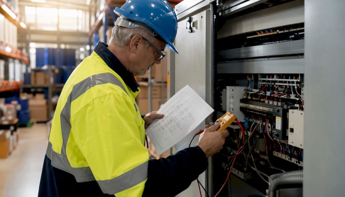 Un technicien procède à une inspection d’un tableau électrique dans un environnement industriel.