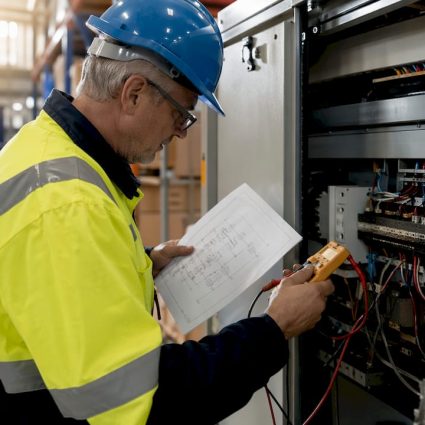 Un technicien procède à une inspection d’un tableau électrique dans un environnement industriel.
