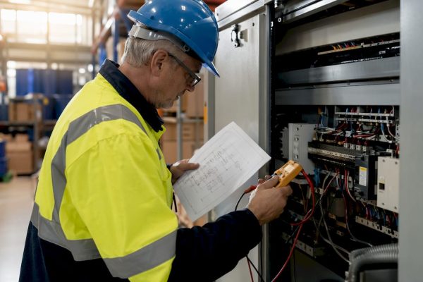 Un technicien procède à une inspection d’un tableau électrique dans un environnement industriel.
