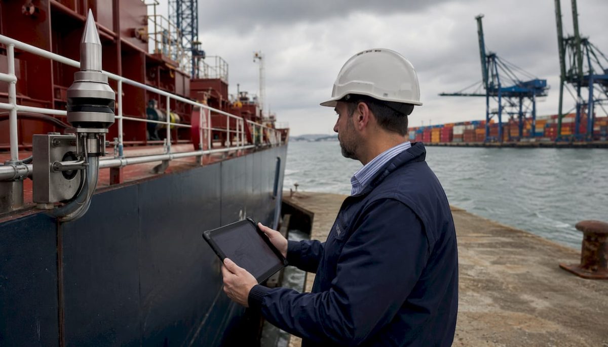 Un ingénieur procède à la vérification d’un paratonnerre installé sur les quais d’un port maritime.